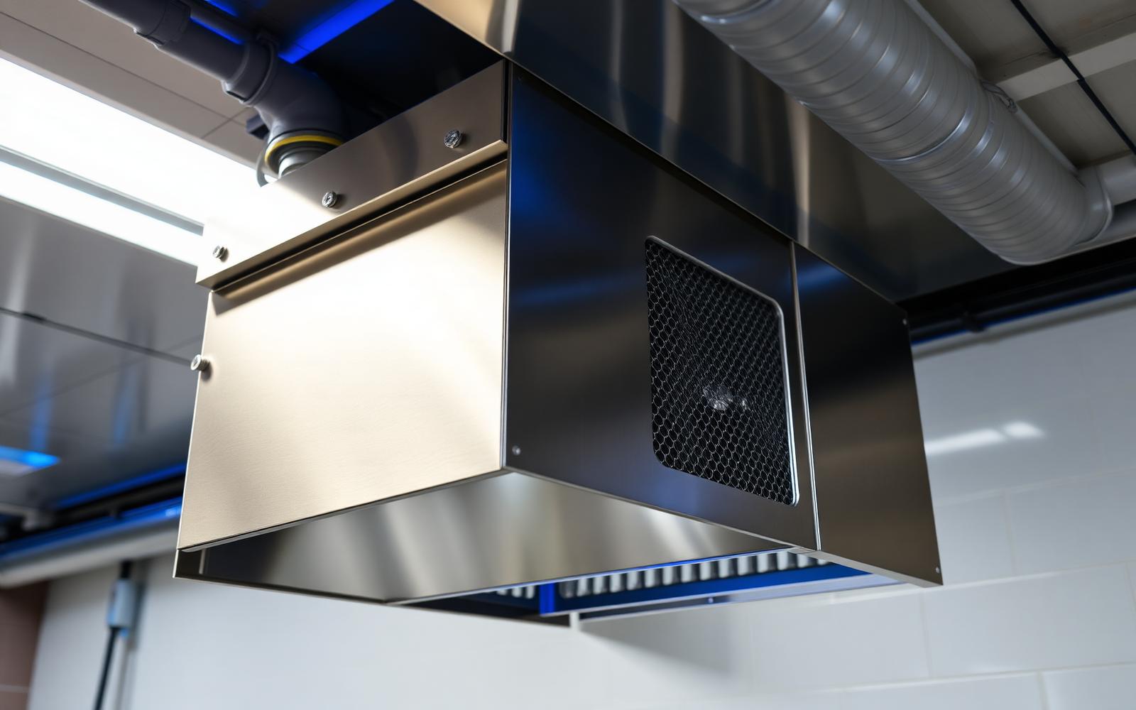 RVS geurfilterkast met koolstoffilters op het afvoerkanaal van een horeca-keuken