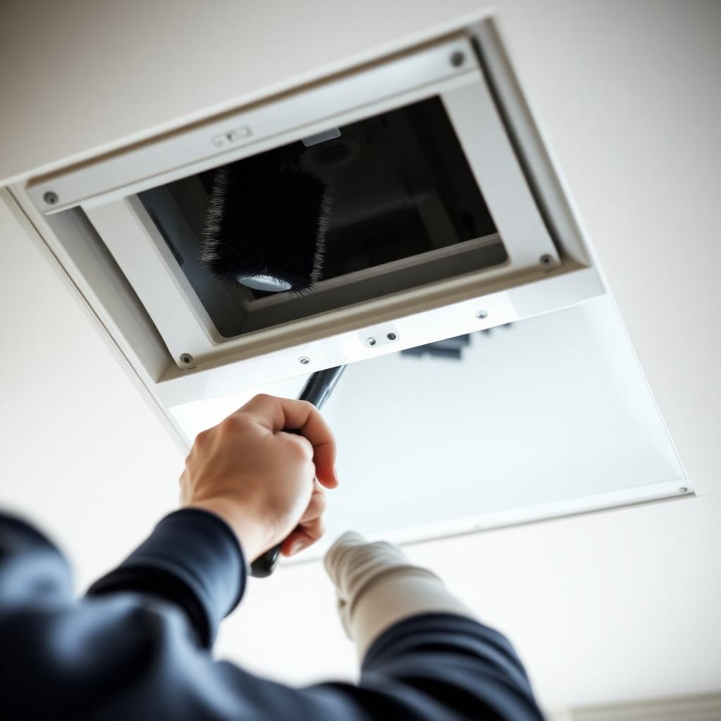 Monteur reinigt binnenzijde van een ventilatiekanaal met roterende borstel en camera-inspectie