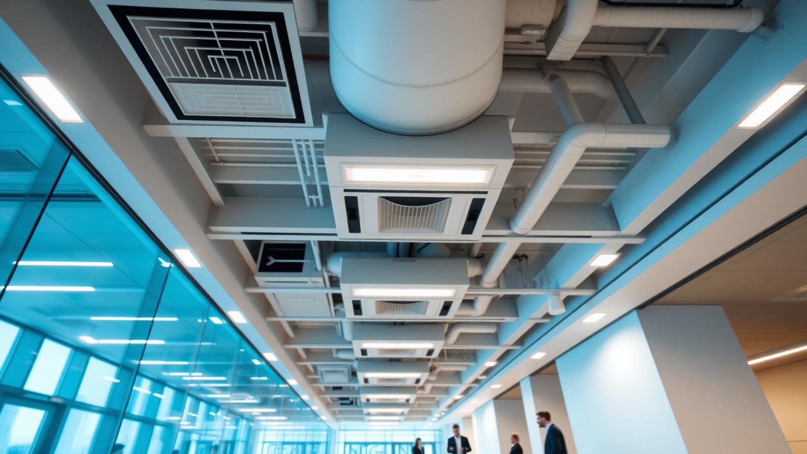 Modern kantoor met zichtbare plafondroosters en ventilatiekanalen