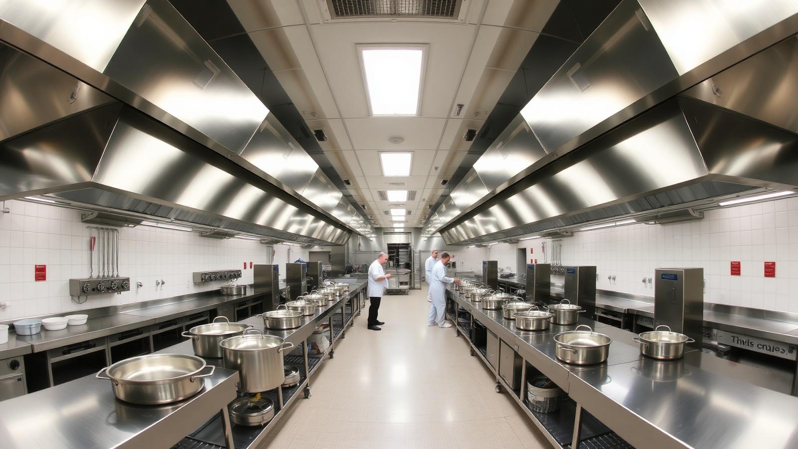 Grote institutionele keuken met stalen afzuigkappen en kookketels