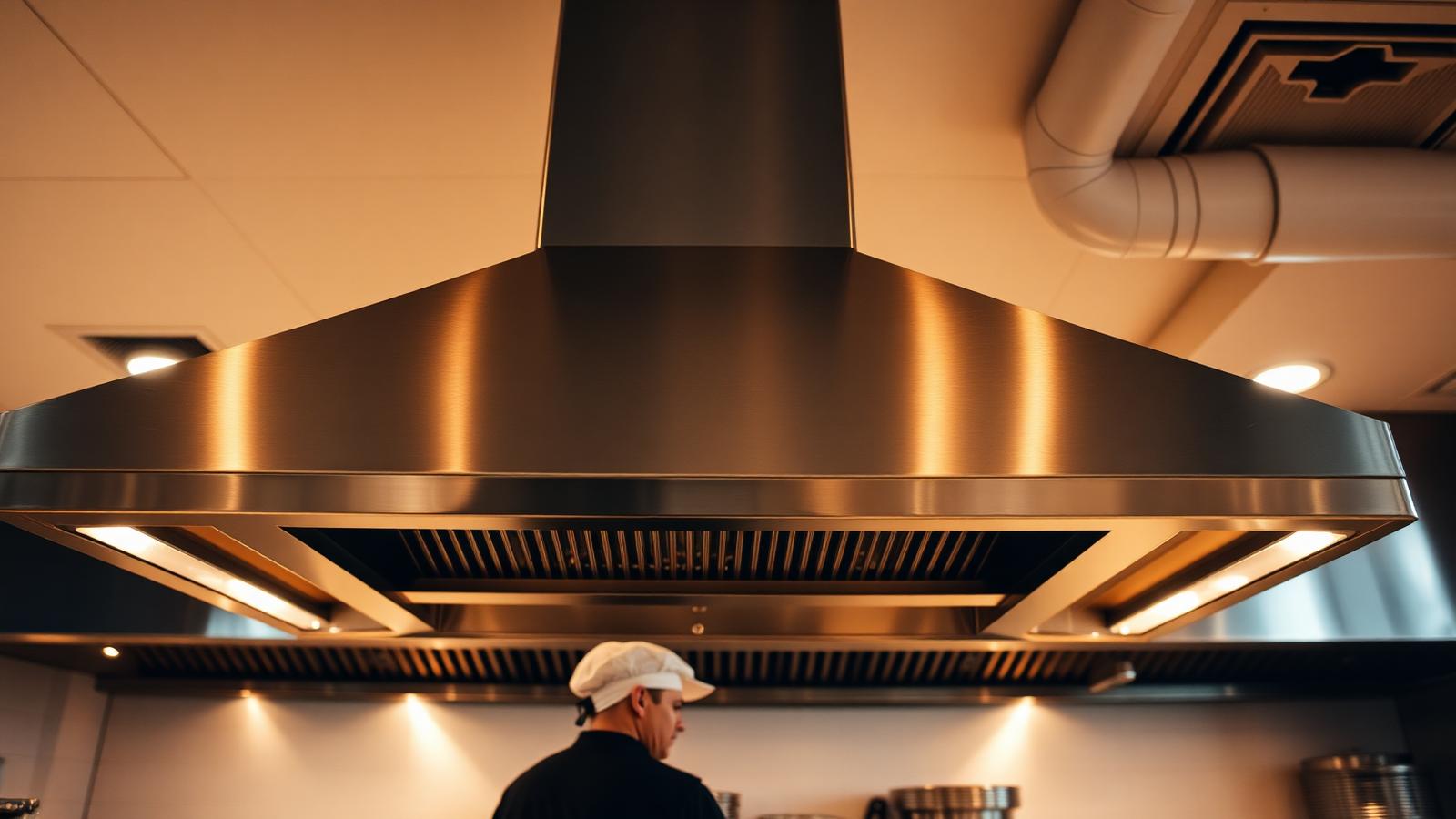 Rvs afzuigkap boven een professionele restaurantkeuken met zichtbare ventilatiekanalen